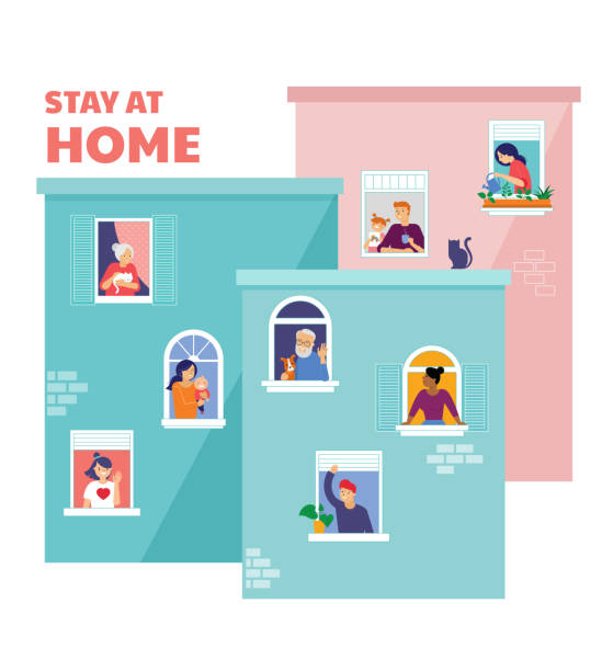 Stay at home, COVID-19 pandemic concept design. House facade with open windows. Different types of people looking out and communicating with their neighbors. Self isolation, quarantine during coronavirus outbreak. Vector flat style illustration  covid variant stock illustrations
