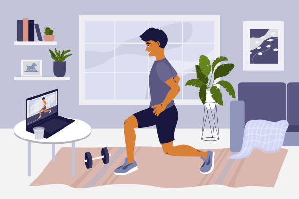 Stay at home, doing exercise online and keep fit Stay home, keep fit and positive. Man doing exercise on laptop. Online training, gym at home, sport, internet fitness workout. Healthy lifestyle. Coronavirus quarantine isolation. Vector illustration. live streaming illustrations stock illustrations