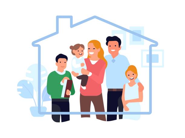 stockillustraties, clipart, cartoons en iconen met stay at home family. indoor virus protection, family is safe under roof house, happy parents and children, couple with kids. vector concept - happy couple cold