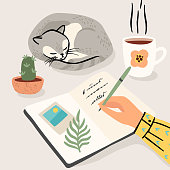 istock Stay at home. Woman writes a diary at home. Vector illustration. 1250419922