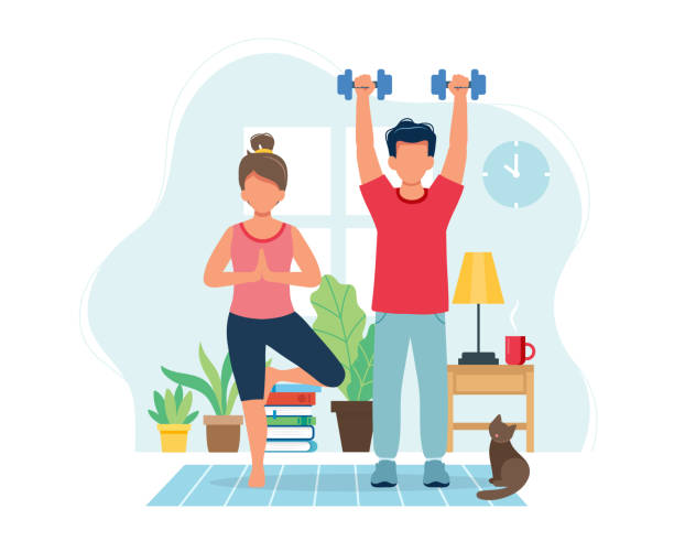 Stay home concept. People doing exercise in cozy modern interior. Vector illustration in flat style Vector illustration in flat style fitness stock illustrations