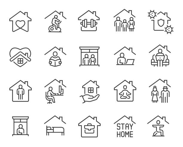 Stay Home Icons set. Editable vector stroke Stay Home Icons set. Collection of linear simple web icons such as Work from Home, Stay Home, Virus Protection, Isolation, Sports and Hobbies, Covid-19, CORONAVIRUS, Family at Home, Quarantine and others. Editable vector stroke. family icons stock illustrations