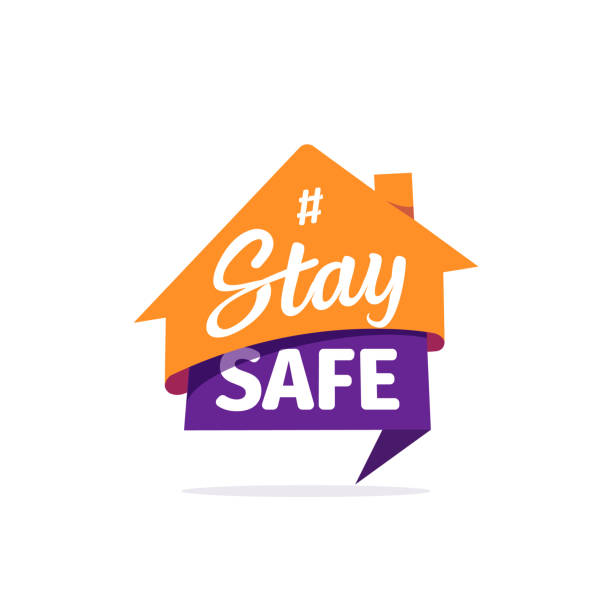 ilustrações de stock, clip art, desenhos animados e ícones de stay safe vector sticker. self isolation flat icon. quarantine logo on white background - home