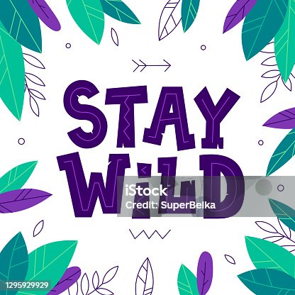 istock Stay Wild quote with leaves frame. Cute vector illustration in tribal style. Inspirational and motivational phrase. 1295929929