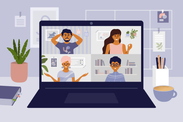 Stay, work and meet with friends online from home Stay and work from home. Video conference illustration. Workplace, laptop screen, group of people talking by internet. Stream, web chatting, online meeting friends. Coronavirus, quarantine isolation. video call stock illustrations