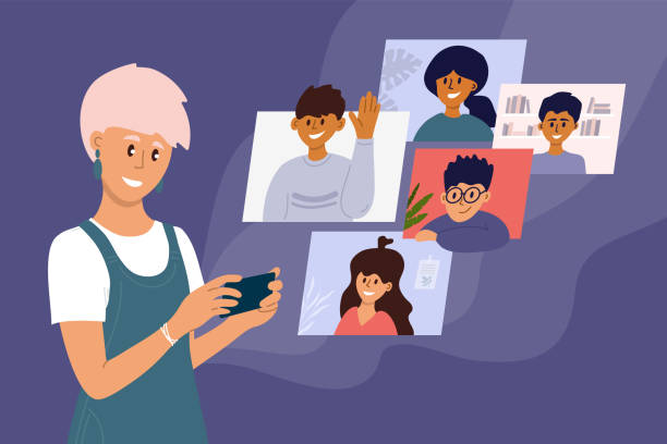 Staying home, video calling and meeting with friends online Video call of group of people. Online conference, virtual gathering together, remote meeting with colleagues. Girl talking with friends by smartphone screen. Social media community vector illustration party social event illustrations stock illustrations