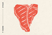 Steak, T-Bone. Poster with steak silhouette, text T-Bone, Steak. Logo typography template for meat business - shop, market, restaurant or design - banner, sticker, menu. Vector Illustration