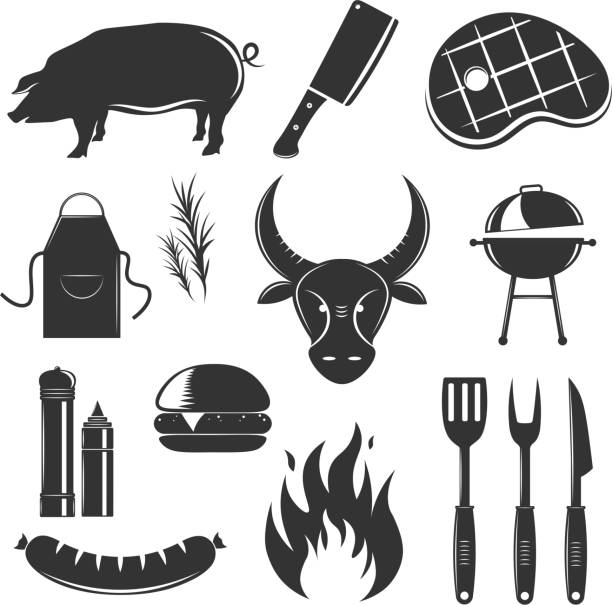Steakhouse vintage elements collection with isolated silhouette...