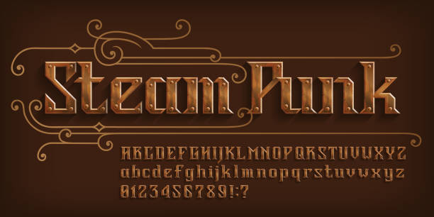 Steam Punk alphabet font. Rivet letters and numbers and symbols. Uppercase and lowercase. vector art illustration