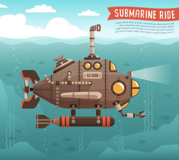 Steampunk submarine in the ocean Steampunk submarine in the ocean. Fantastic retro submarine with periscope extended above the sea surface. Vector illustration. torpedo weapon stock illustrations