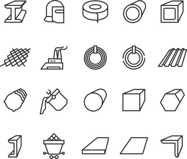 Steel material products line vector icons. Steel pipe and beam metallurgy outline pictograms Steel material products line vector icons. Steel pipe and beam metallurgy outline pictograms. Metal pipe for industry, steel tube illustration metal symbols stock illustrations