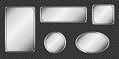 Steel or silver plates, name plaques empty mockup. Metal grey identification tags or badges, round, oval and rectangular frame for nameplate isolated on transparent background, realistic 3d vector set