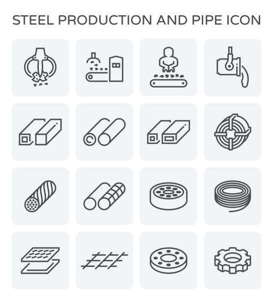steel production icon Vector line icon of steel production and pipe. metal icons stock illustrations