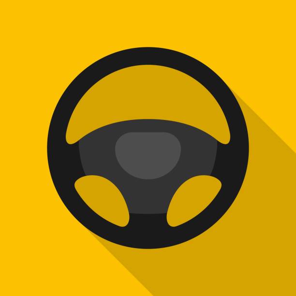 Steering wheel icon isolated on yellow background. Car wheel control silhouette, Black auto part driving in flat style. Steering wheel icon isolated on yellow background. Car wheel control silhouette, Black auto part driving in flat style. Vector illustration steering wheel stock illustrations