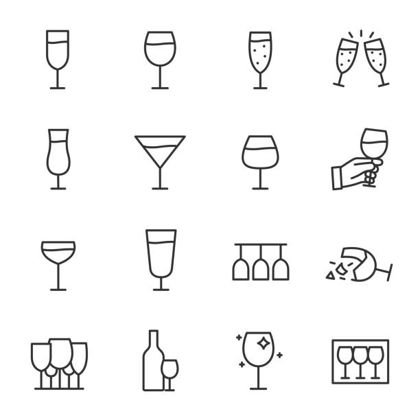 illustrations, cliparts, dessins animés et icônes de verres à pied, jeu d’icônes. verre à vin, icônes linéaires. la ligne barrée modifiable - champagne