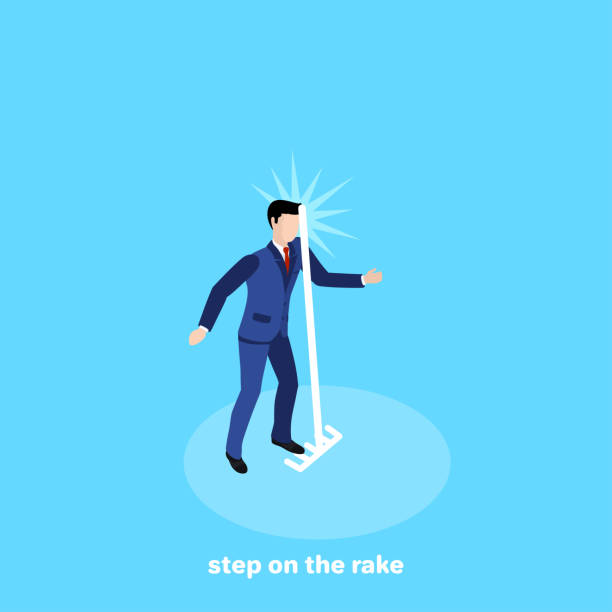 step on the rake the man in a business suit stepped on the rake, isometric image pain borders stock illustrations