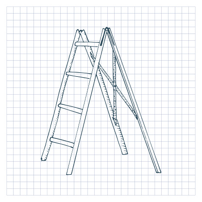 Stepladder sketch. Hand drawn stair, rung ladder. Vector illustration, isolated on checkered background.