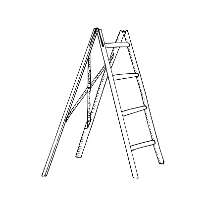 Stepladder sketch. Hand drawn stair, step ladder, rung ladder Black sketch style illustration, isolated on white background.