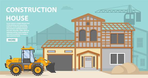 Steps to Building a huse.House Construction works.Family dwelling.Installation of windows and doors.Yellow bulldozer tractor.Construction machine.Side view.