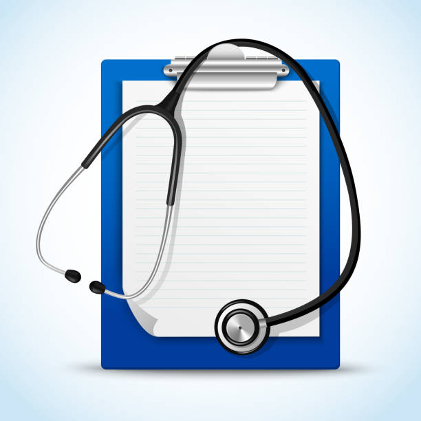 stethoscope and notes Realistic medical health service stethoscope and clipboard for notes emblem vector illustration doctor borders stock illustrations