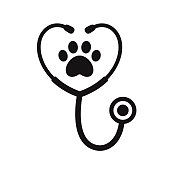 Stethoscope silhouette with animal paw print symbol. Veterinary medicine symbol, isolated vector illustration.