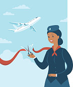 Stewardess cuts red ribbon to start airlines flights again after coronavirus quarantine. Concept flat vector illustration for COVID-19 outbreak.