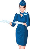 Stewardess in blue uniform shows. Young beautiful woman in cap and white gloves. Isolated on white vector illustration
