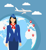 a stewardess in blue uniform against the background of the world map. Airline travel. Stewardess in elegant uniform, welcoming passengers vector illustration. Woman occupation concept.