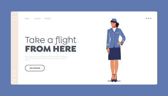 Stewardess Landing Page Template. Flight Attendant, Air Hostess Girl Wearing Blue Uniform and Cap Stand with Arm Akimbo
