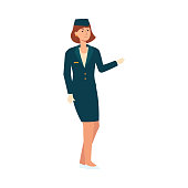 Stewardess or pilot woman in elegant uniform welcomes passengers to the airline travel. Modern professional working women diversity and occupation concept flat illustration isolated on the white background.
