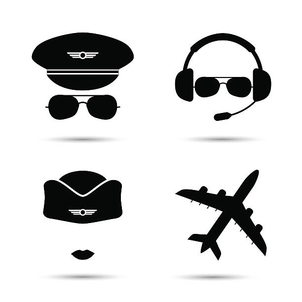 Stewardess, pilot, airplane vector icons Stewardess, pilot, airplane silhouette. Black icons of aviator cap, stewardess hat and jet. Aviation profession. Flight attendant. Vector illustration. Isolated on white pilot stock illustrations