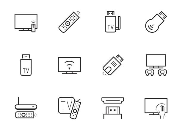 tv-stick und box vektor icon-set in dünne linienstil - tv stock-grafiken, -clipart, -cartoons und -symbole