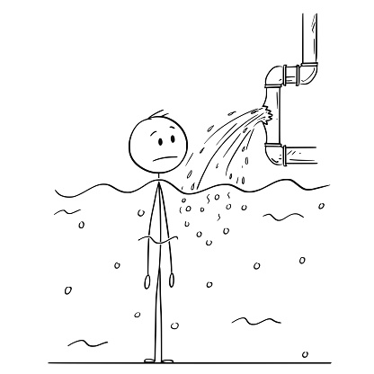 Stick Character Cartoon of Man or Businessman Watching Broken Water Pipe