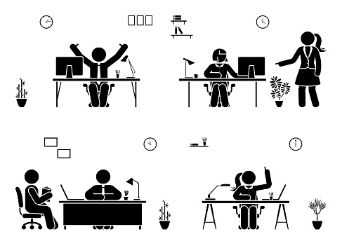 Stick figure business office vector icon people. Man and woman working, solving, reporting pictogram vector