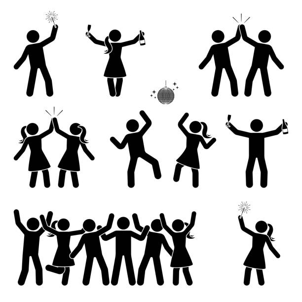 Stick figure celebrating people icon set. Happy men and women dancing, jumping, hands up pictogram Stick figure celebrating people icon set. Happy men and women dancing, jumping, hands up pictogram dancing symbols stock illustrations