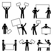 Stick figure join protest set. Vector illustration of people holding banner on white