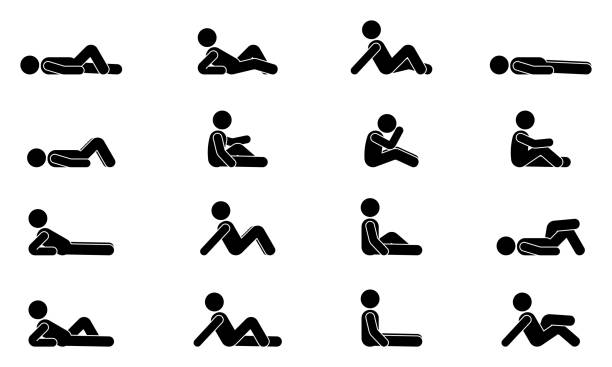 Stick figure man lie down various positions vector illustration icon set. Male person sleeping, laying, sitting on floor, ground side view silhouette pictogram on white Stick figure man lie down various positions vector illustration icon set. Male person sleeping, laying, sitting on floor, ground side view silhouette pictogram on white sleeping silhouettes stock illustrations