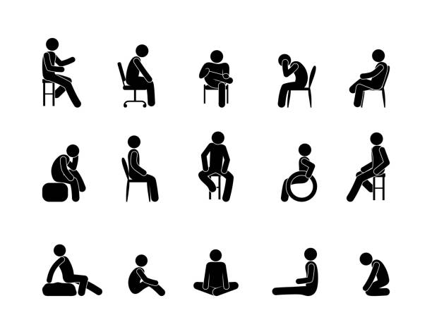 의자에 앉아 스틱 그림 남자, 사람들의 아이콘 고립 된 그림 - 앉음 stock illustrations