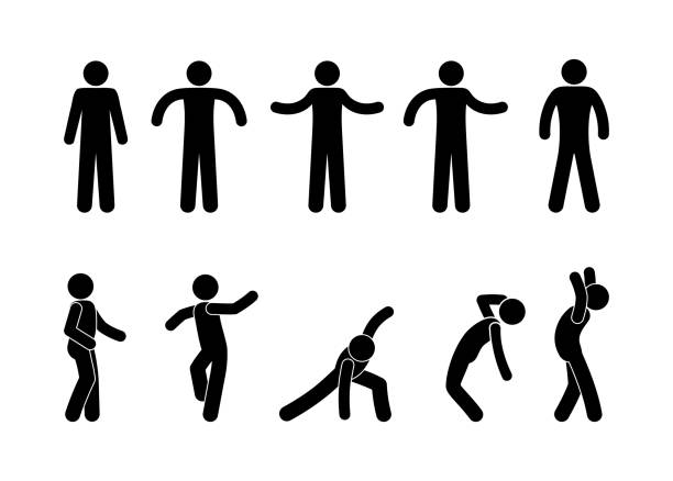 Stick figure man standing. Black cut out people human silhouette. Stick figure man standing. Black cut out people human silhouette, different poses vector icon pictogram set. icon silhouettes stock illustrations