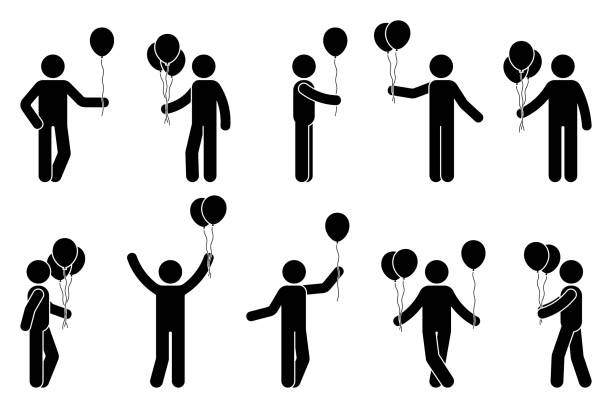 Stick figure man with balloon birthday celebration vector icon people pictogram. Happy standing male party design elements silhouette Stick figure man with balloon birthday celebration vector icon people pictogram. Happy standing male party design elements silhouette birthday silhouettes stock illustrations