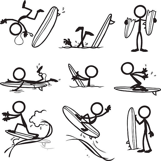 Stick Figure People Surfing vector art illustration