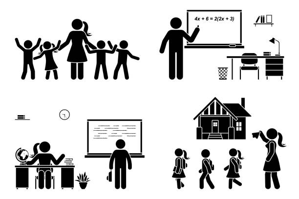 Stick figure teacher with kids, writing on chalkboard, teaching student, sitting at desk vector icon pictogram. First day, back to school, parent and children set on white Stick figure teacher with kids, writing on chalkboard, teaching student, sitting at desk vector icon pictogram. First day, back to school, parent and children set on white teacher icons stock illustrations