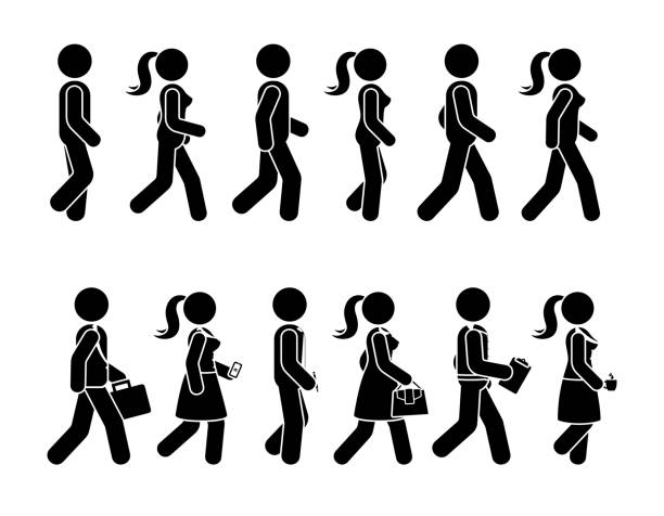 ilustrações de stock, clip art, desenhos animados e ícones de stick figure walking man and woman vector icon set. group of people moving forward sequence pictogram - trilhos pedestres