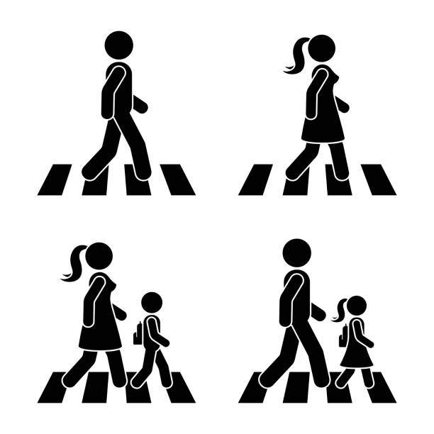 ilustrações de stock, clip art, desenhos animados e ícones de stick figure walking pedestrian vector icon pictogram. man, woman and children crossing road set - trilhos pedestres