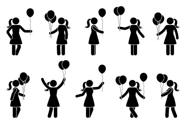 Stick figure woman with balloon birthday celebration vector icon people pictogram. Happy standing female party design elements silhouette Stick figure woman with balloon birthday celebration vector icon people pictogram. Happy standing female party design elements silhouette birthday silhouettes stock illustrations