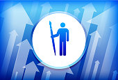 Stick Fugure Holding Brush Blue Up Arrows Background. The main icon depicted in this illustration is in the center of the composition. It is rendered in a bright blue color and has a slight glow and gradient. The vector icons is set against a white button with a blue trim. The background of the image has multiple arrows moving up. This is a conceptual representation of the progress and positive change. The background is blue in color.