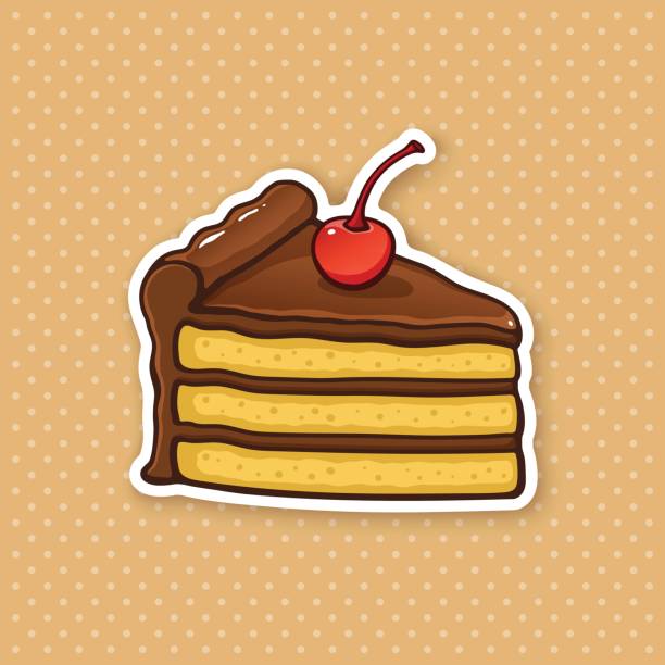 ilustrações de stock, clip art, desenhos animados e ícones de sticker a piece of cake with chocolate cream and cherry - bolos de chocolate