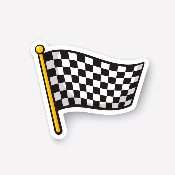 Sticker chequered racing flag on flagstaff Vector illustration. Chequered racing flag on flagstaff. Cartoon sticker with contour. Decoration for greeting cards, patches, prints for clothes, badges, posters, emblems race flag stock illustrations