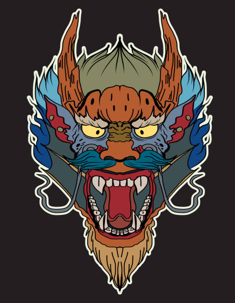 ilustrações de stock, clip art, desenhos animados e ícones de sticker dragon face for printing.colorful dragon head tattoo. - dragões olho