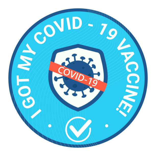 наклейка круглые и bage с текстом я получил может covid вакцины. в щите избежать коронавируса covid-19 - covid vaccine stock illustrations